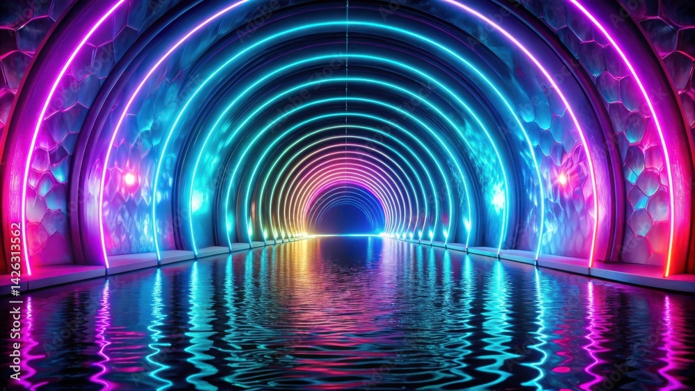 Poster Reflective Neon Tunnel with Vibrant Chromatic Illumination and Hexagonal Walls