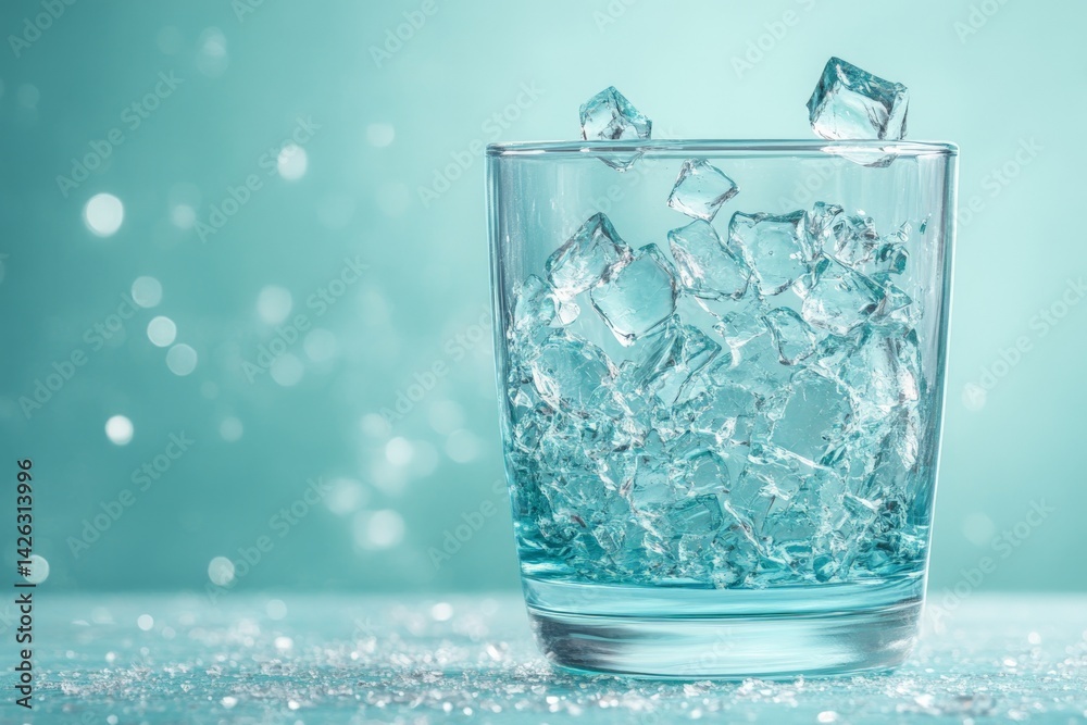 Poster fresh ice cubes splashing into a clear glass on a turquoise background during daytime