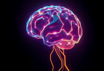 Glowing polygonal brain, futuristic neon circuit lines, abstract sci-fi head , glow,  empty space