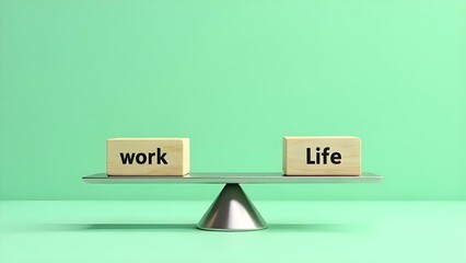 Work Life Balance Concept with Scales on Green Background, Wooden Blocks Labeled "Work" and "Life" Represent Harmony Between Career and Personal Life in Minimalist Style