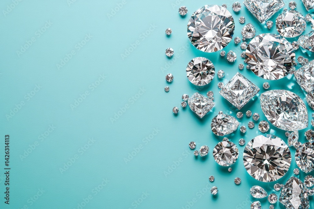 Aufkleber Elegant display of assorted diamonds arranged on a turquoise background highlighting their brilliance and clarity