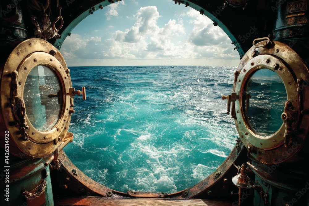 Poster view of calm ocean waters through port holes of a traditional submarine at midday with clouds in the