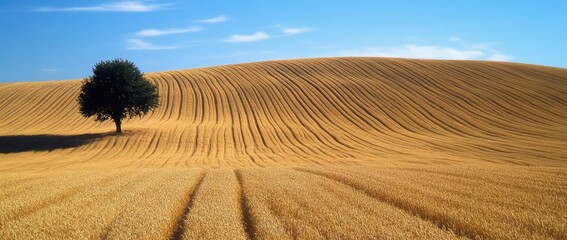 Obraz premium Solitary tree stands in a vast, undulating golden field under a clear blue sky. The lines of the harvested crop create a beautiful pattern across the landscape