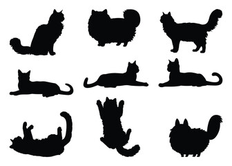 Nine Cat Silhouettes Collection Various Poses Fluffy Longhair Short Hair