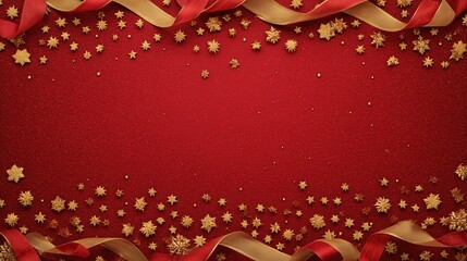 Festive red background adorned with golden stars, snowflakes and elegant ribbons. Ideal for holiday decorations, greeting cards, and festive designs.