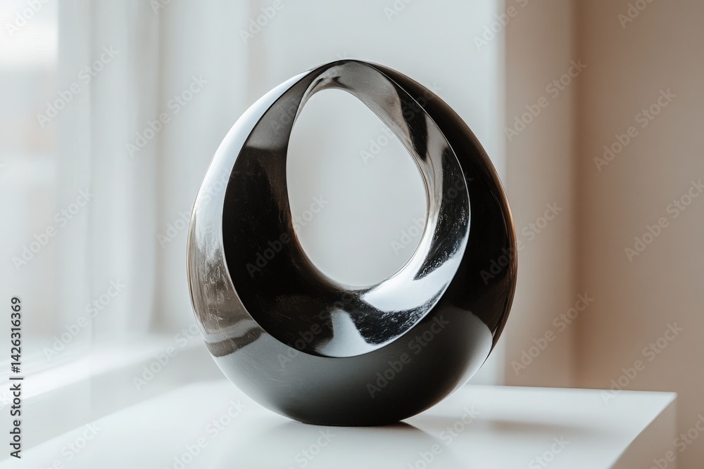 Poster modern black sculpture on display near a window in a contemporary interior setting with soft natural