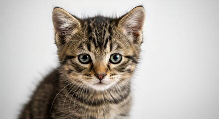 Fototapeta premium Adorable Tabby Kitten Looking at Camera with Curious Expression Isolated