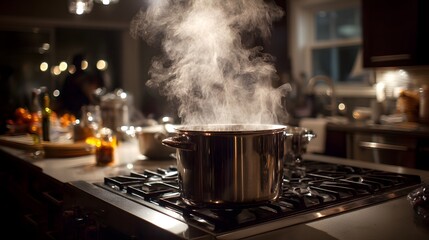 Steam rises from a metal pot on a kitchen stove, indicating cooking in progress.  