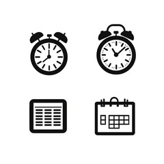 Collection of Time Management Icons with Alarm Clocks and Calendar on Transparent Background