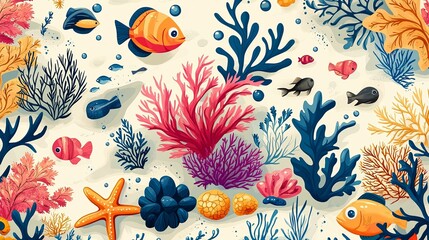 Colorful underwater creatures and corals in a repeating pattern.