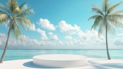 Fototapeta premium White round platform on tropical beach with palm trees and ocean view.