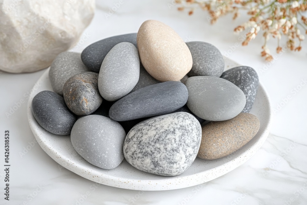 Poster natural stones and pebbles arranged aesthetically on a circular plate in a serene indoor environment