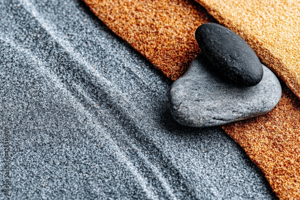 Poster Smooth stones resting on layers of colored sand create a calming natural display at the beach during golden hour