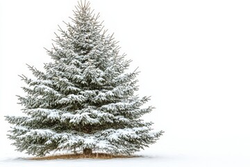 Snow-covered evergreen tree stands alone in winter landscape during a serene daytime