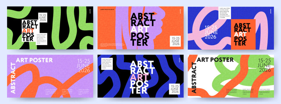 Creative concept of horizontal posters or covers with modern abstract design with hand drawn wavy shapes and lines. Bright art templates for ads, branding, banner or flyer, cover, label, print, sales