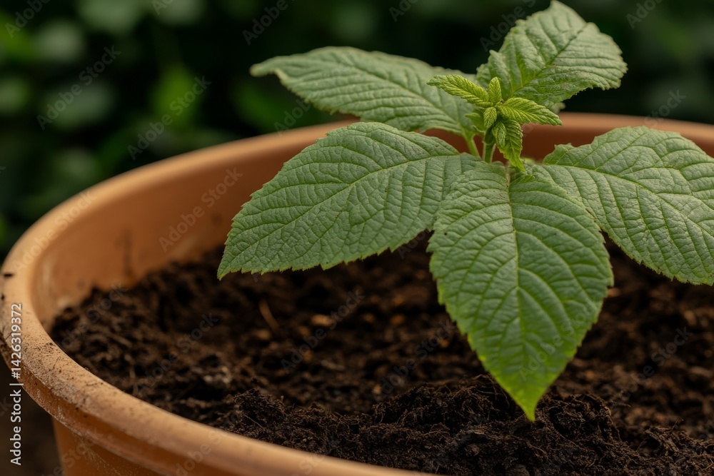 Aufkleber soft natural light highlights the texture of leaves and soil in a potted young nut tree, with fresh 