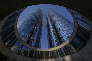Fototapeta premium Tall glass skyscrapers reflect blue sky in urban setting observed from ground level during bright daylight