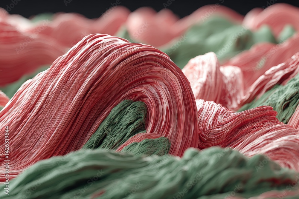 Fototapete Abstract composition of textured waves in vibrant shades of red and green showcasing intricate formations and patterns