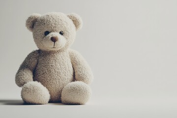 Obraz premium Soft teddy bear sitting on a plain background, evoking feelings of nostalgia and comfort