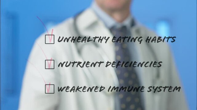 Doctor marking checkboxes on a transparent board, indicating unhealthy eating habits, nutrient deficiencies, and a weakened immune system, isolated on a blue background