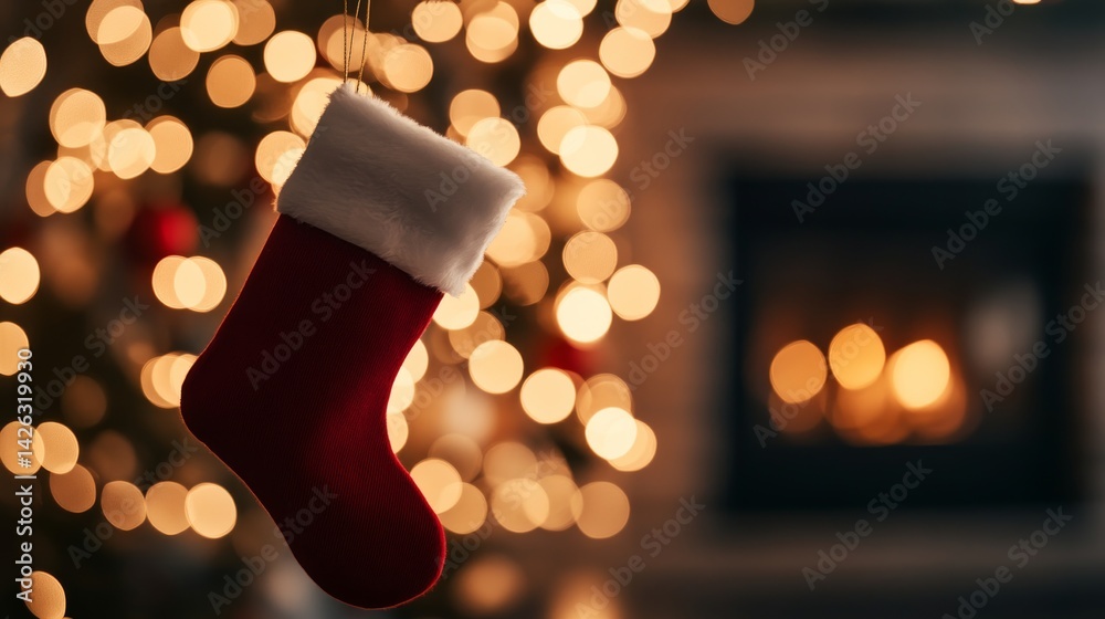 Poster single red christmas stocking decorates a rustic fireplace mantle, with a softly blurred background 