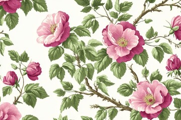 Floral pattern with pink roses and green leaves set against a light background for elegant decor
