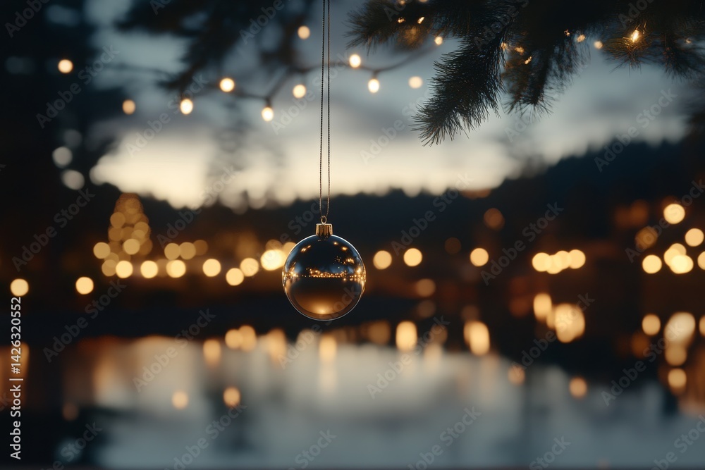 Poster a single silver ornament glimmers on a tree branch, surrounded by glowing holiday lights and hints o