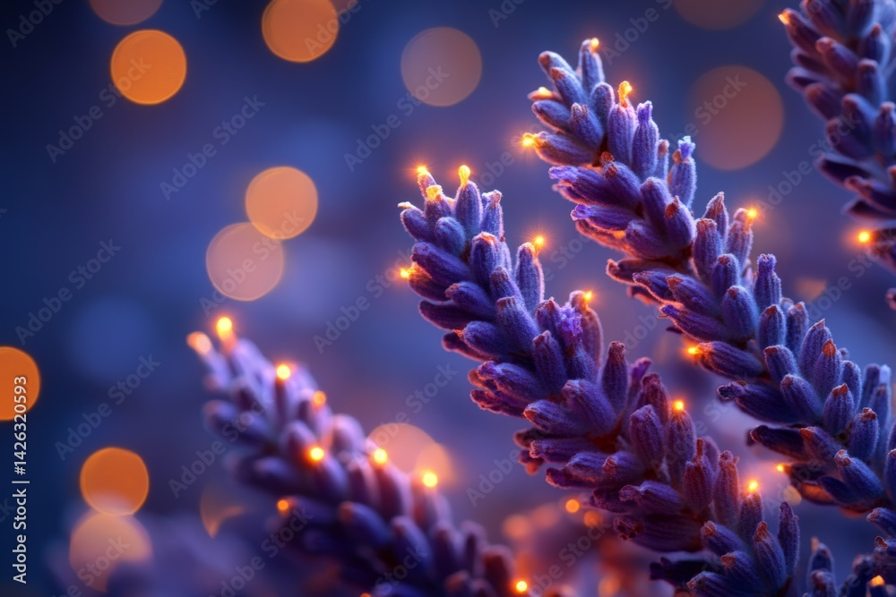 Poster Delicate lavender sprigs illuminated by soft lights against a dreamy bokeh background at night