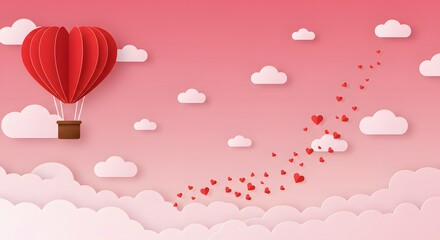 AI image Red heart hot air balloon in paper art style drifts across a pink sky, leaving a trail of hearts.