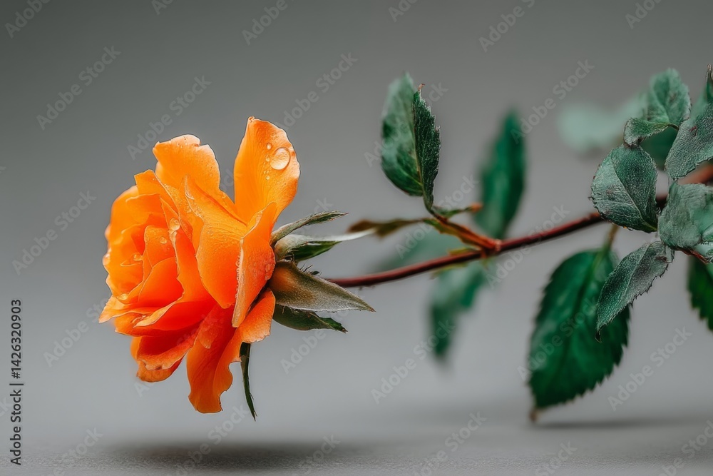 Poster bright orange rose with dew drops captured in a close-up on a subtle gray background