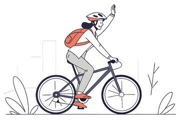 Obraz premium Woman riding bicycle in city waving hand simple line art illustration
