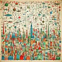 Fototapeta premium Whimsical Cityscape Illustration Diverse Architecture, Flying Objects, and Connected Lines; Perfect for Design & Educational Materials