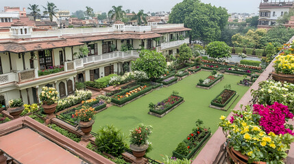 Fototapeta premium Luxurious hotel garden oasis in city, showcasing vibrant floral displays and manicured lawns; ideal for travel brochures