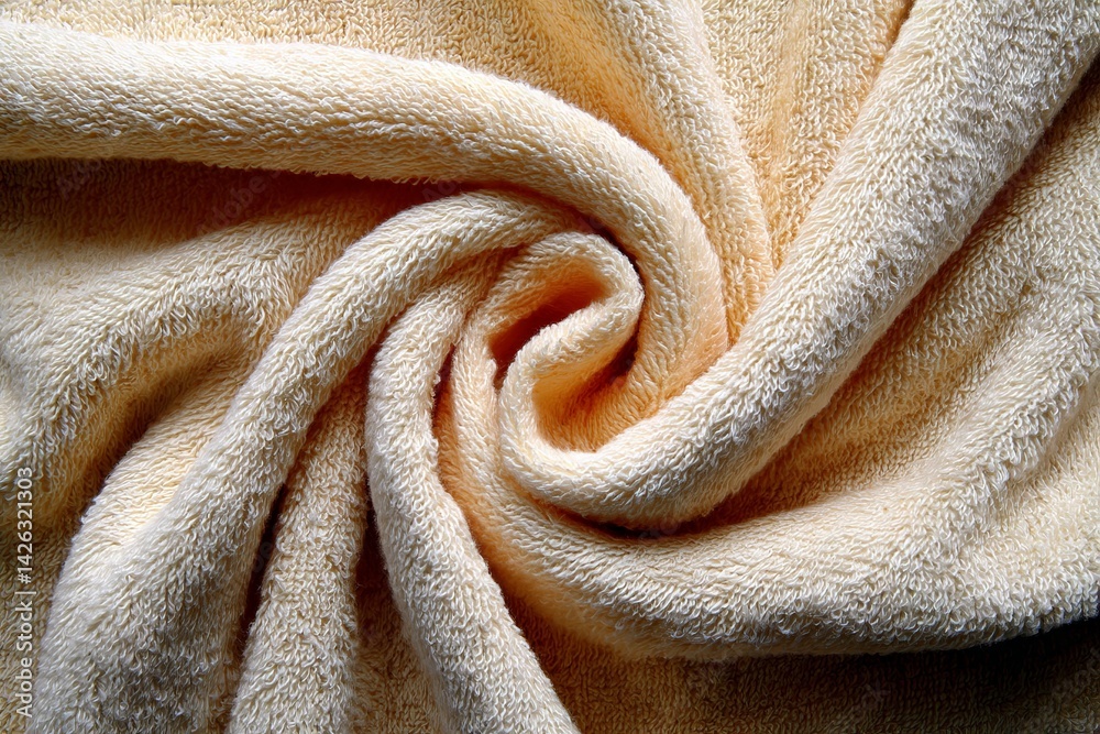 Poster Soft yellow towel elegantly arranged in a spiral shape capturing light and texture during daytime