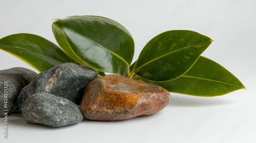 Poster a tropical plant with lush green leaves rests among smooth rocks, creating a serene botanical compos