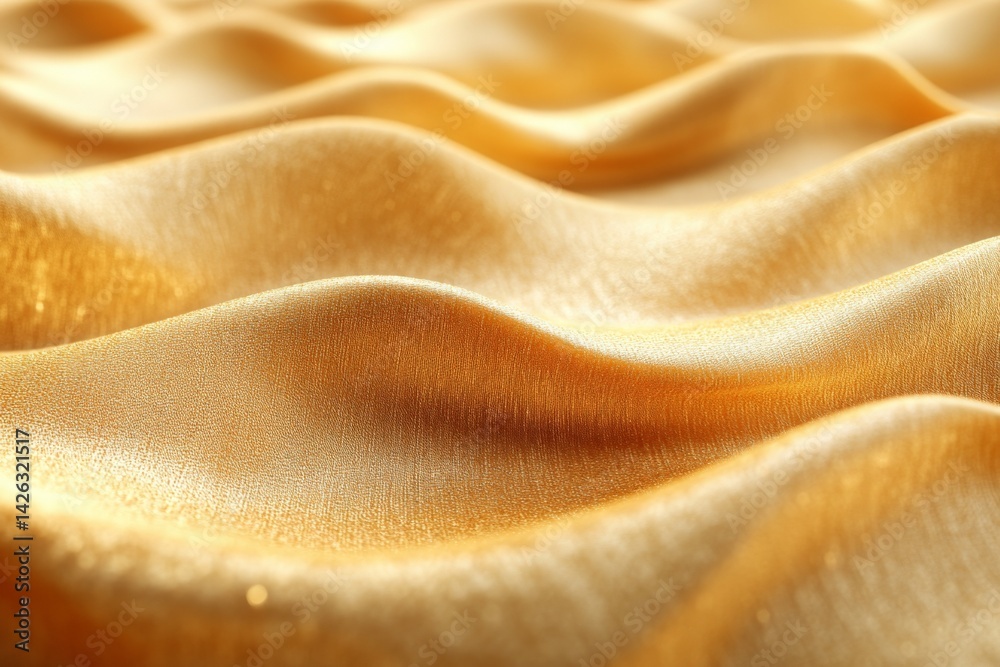 Poster rich golden fabric creates elegant waves under soft lighting in a textile studio