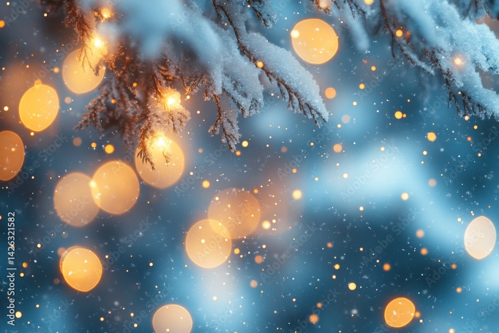 Poster snowy branches adorned with warm glowing lights create a magical winter atmosphere in a serene fores