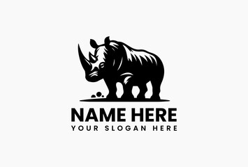 Rhino logo template, strong African rhinoceros silhouette icon with bold horned animal symbol for branding strength