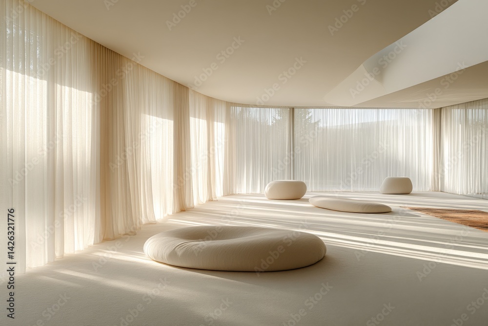 Aufkleber Modern minimalist interior design showcasing a serene and well-lit space with plush seating in soft colors