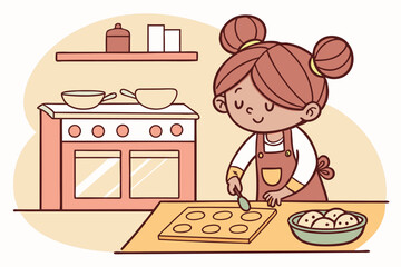 Cute little girl baking cookies in a cozy kitchen illustration