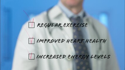 Doctor marking checkboxes on a transparent screen, highlighting the positive impacts of regular exercise, including improved heart health and increased energy levels