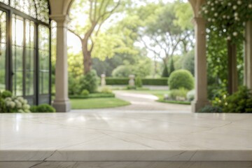 Elegant product display background featuring a marble surface with a blurred garden view. (Background)