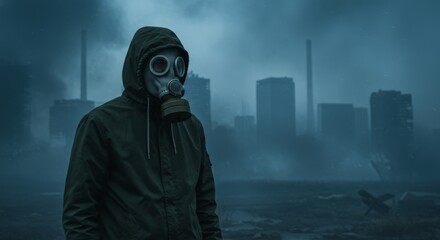 Smog City Survivor - A lone figure, masked and hooded, stands amidst a smoke-filled city, symbolizing environmental disaster, resilience, isolation, vulnerability, and the fight for survival