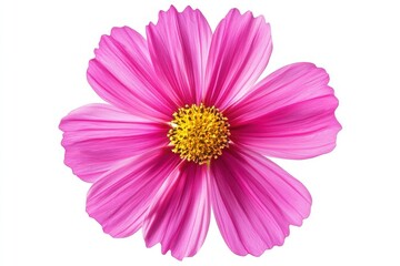 Fototapeta premium A vibrant pink cosmos flower with a bright yellow center on white space