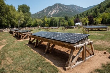 Solar panels installed in a peaceful outdoor setting surrounded by mountains and trees