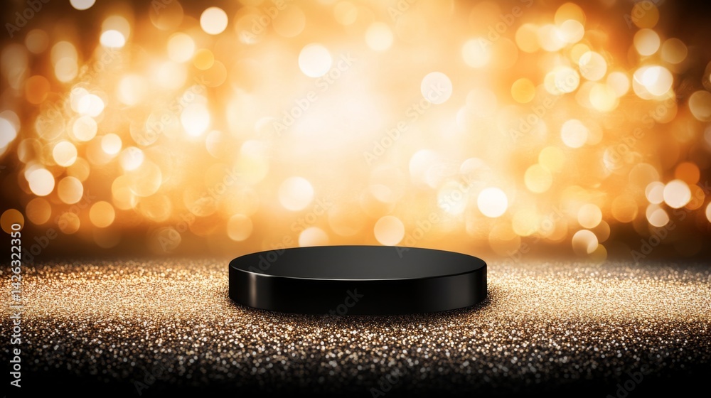 Poster a sleek black podium stands under bright spotlight against a backdrop of shimmering gold glitter, cr