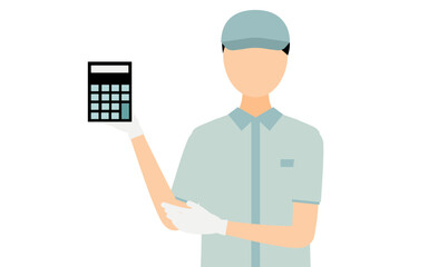Simple illustration of a worker man in a cap showing a budget and estimate