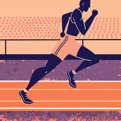 Minimalist illustration of a male athlete running on a track field