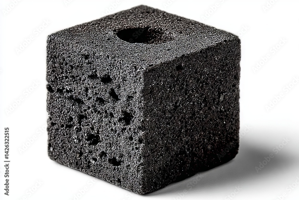 Poster Black pumice cube with a central hole resting on a smooth surface