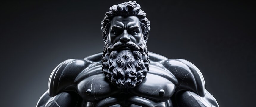 Powerful Black Marble Statue of a Bearded God.